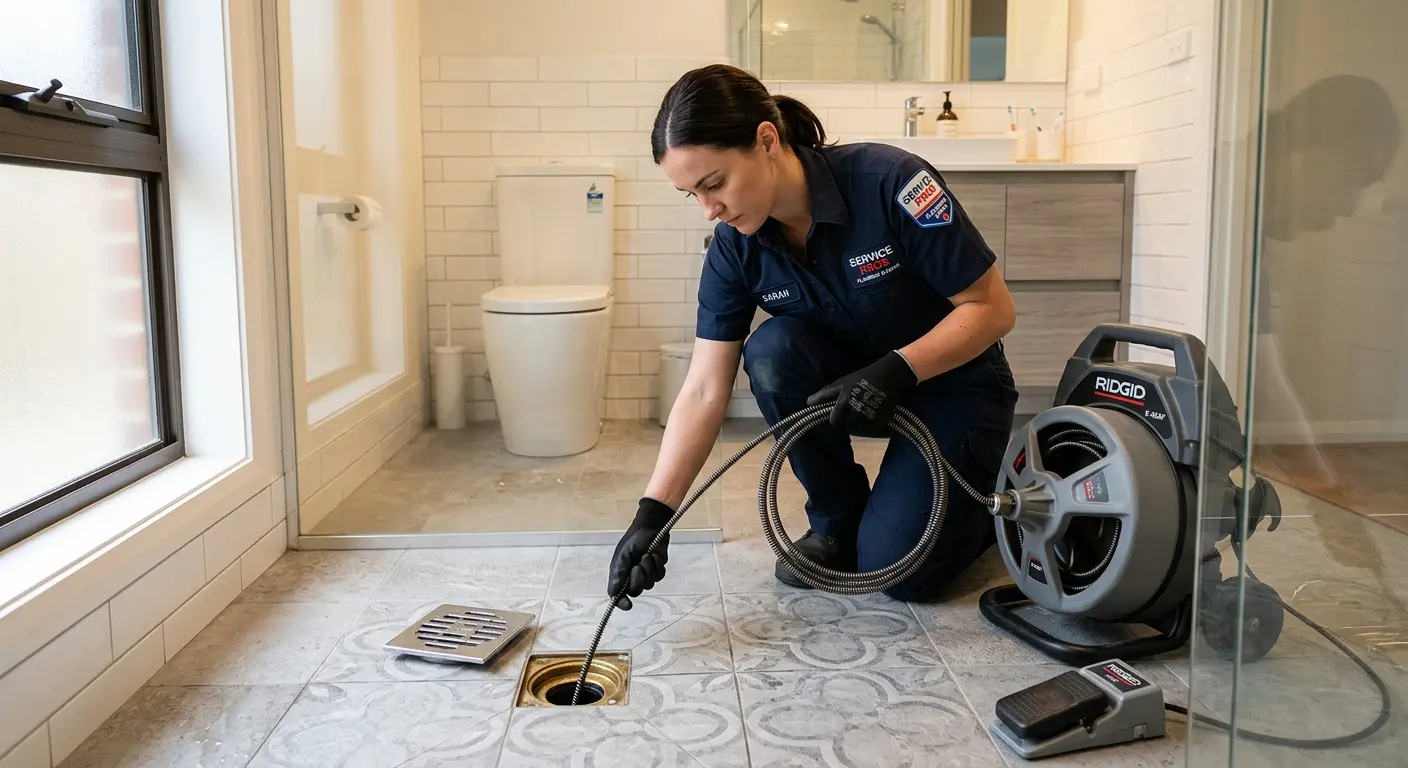 Technician clearing a bathroom floor drain for Sewer Line Installation in Barre